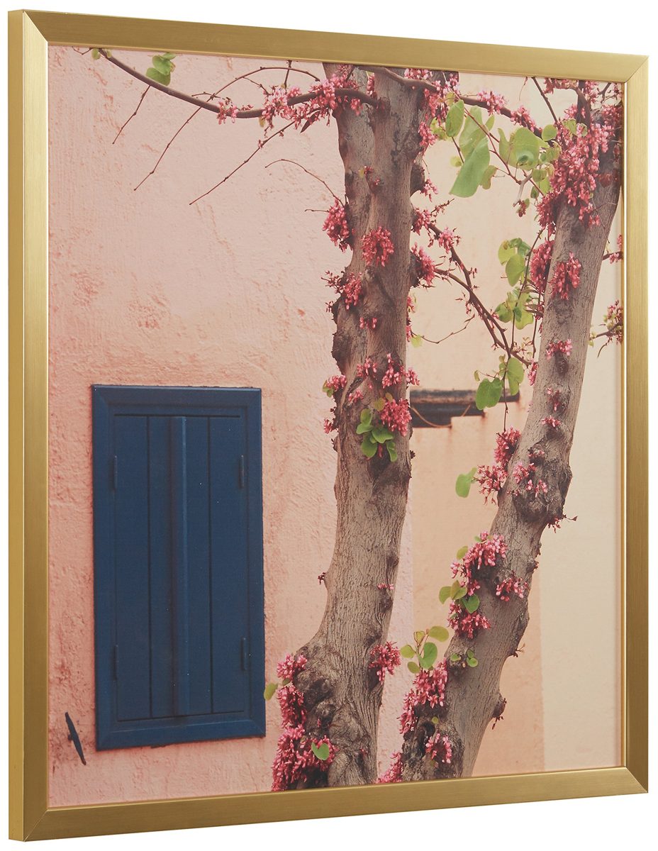 Amazon Brand – Rivet Pink Tree Blossoms at the Villa Photo Print Wall Art, Gold Wood Frame, 12" x 12"