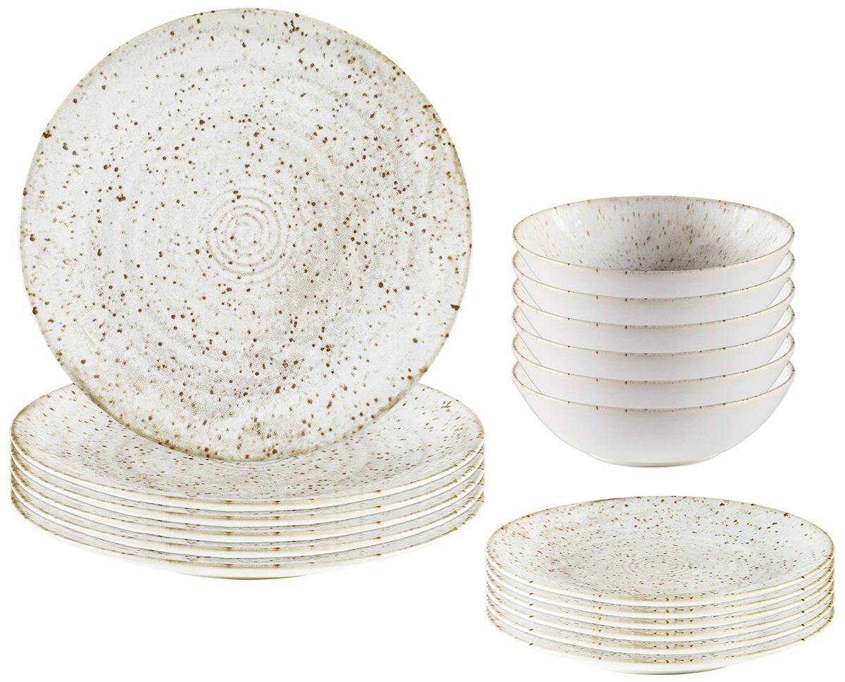 Rivet 18-Piece Stoneware Plates and Bowls Dinnerware Set, Service for 6, Speckle Swirl Glaze