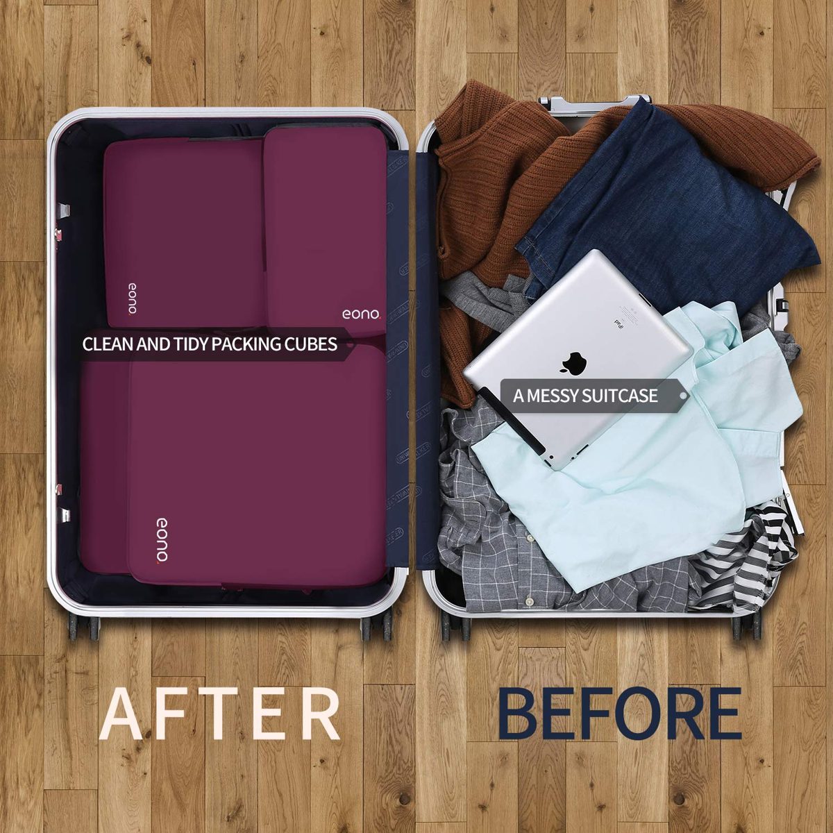 Eono by Amazon - Compression Packing Cubes, Travel Luggage Organiser Set, Travel Cubes, Extensible Organizer Bags for Travel Suitcase Organization, Burgundy, 4 Set