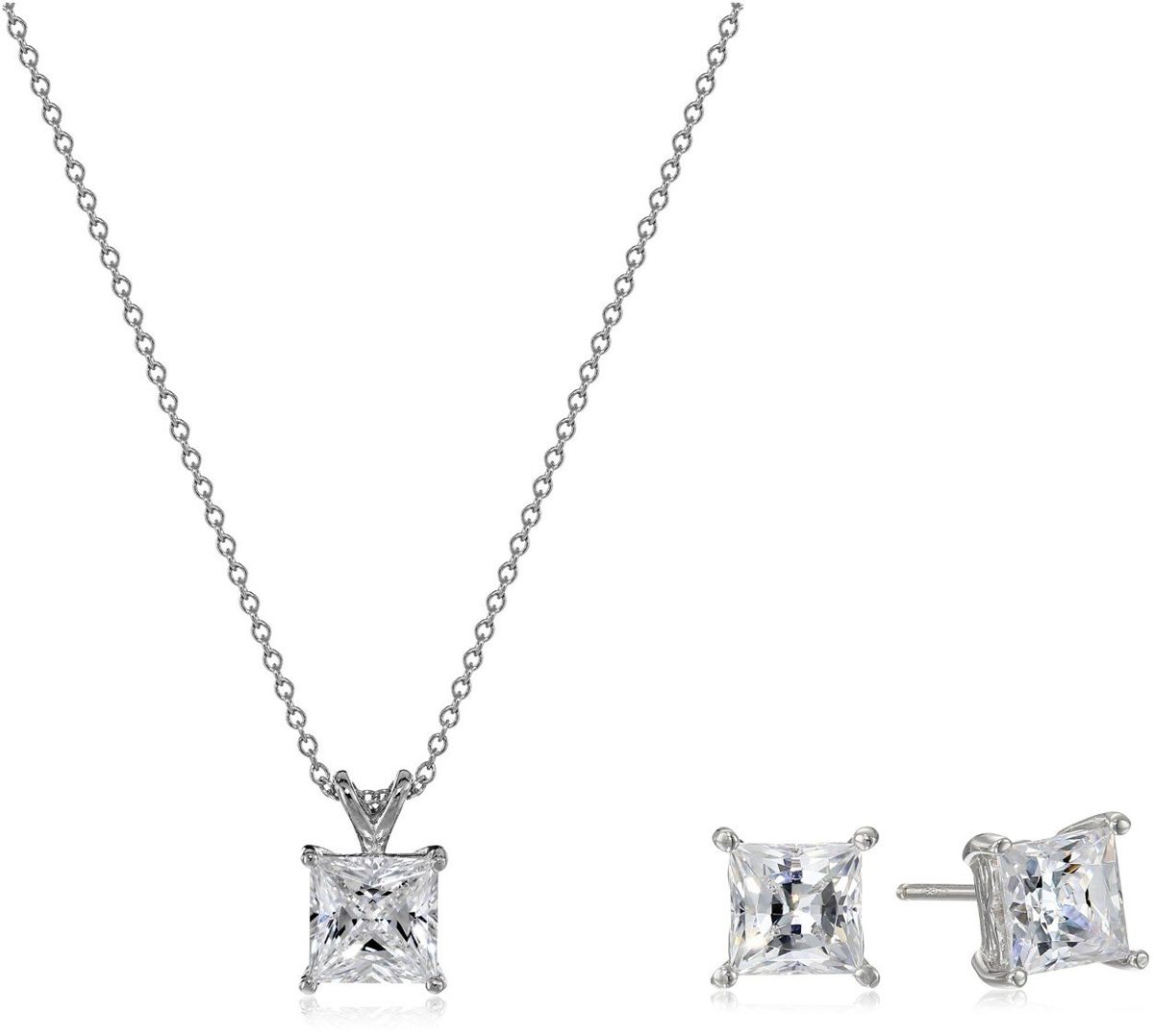 Platinum-Plated Sterling Sterling Silver Swarovski Zirconia Princess-Cut Solitaire Pendant Necklace (18"), also Available in Sets