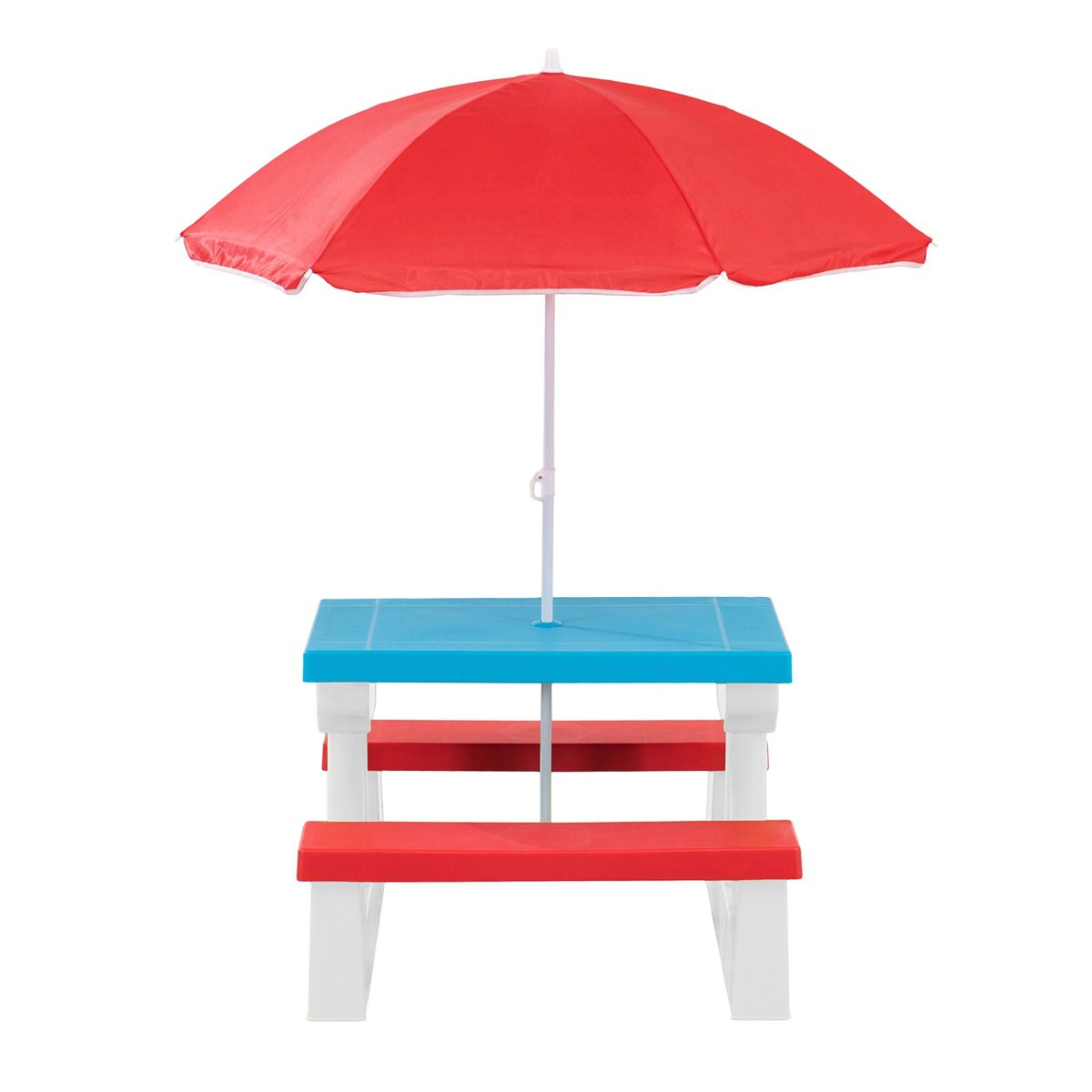 AmazonBasics Plastic Multicolored Kids Outdoor Table with Umbrella - Red/White/Blue (Renewed)