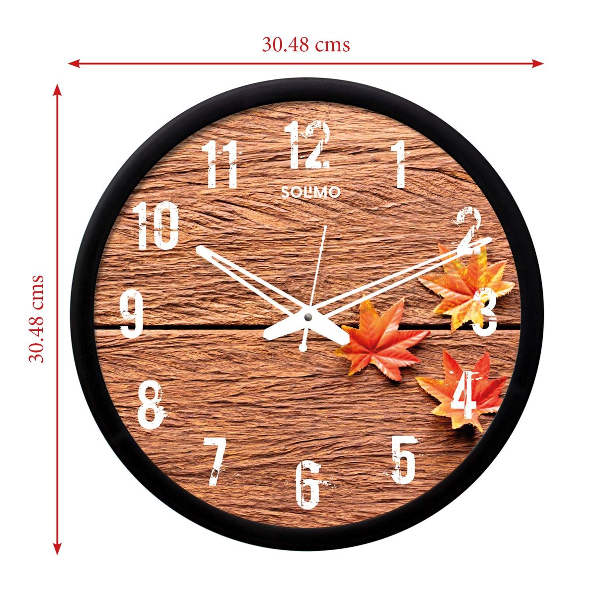 Amazon Brand - Solimo 12-inch Wall Clock - Autumn Leaves (Silent Movement, Black Frame)