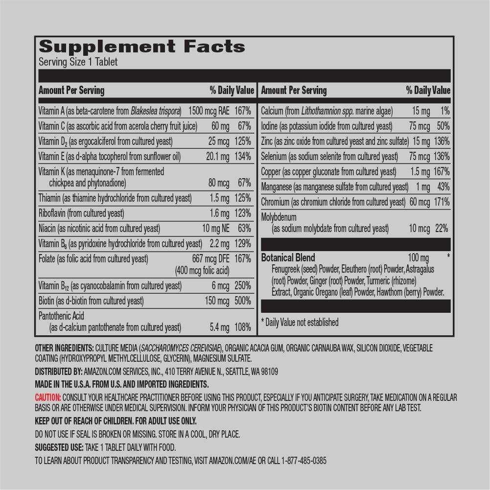 Amazon Elements Women's 40+ One Daily Multivitamin, 66% Whole Food Cultured, Vegan, 65 Tablets, 2month Supply & Men's One Daily Multivitamin, 62% Whole Food Cultured, Vegan, 65 Tablets, 2month Supply