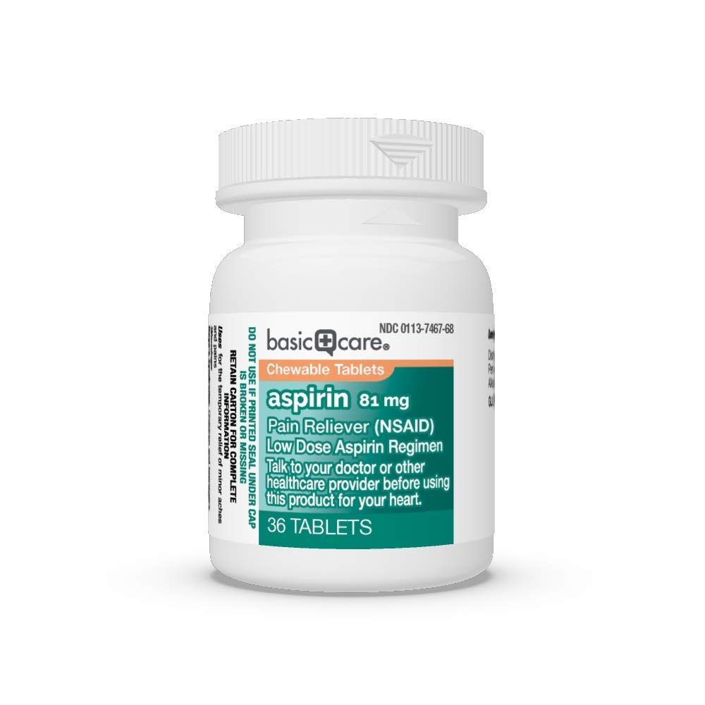 Amazon Basic Care Aspirin 81 mg Pain Reliever (NSAID) Chewable Tablets, Low Dose Aspirin, Orange Flavor, 36 Count