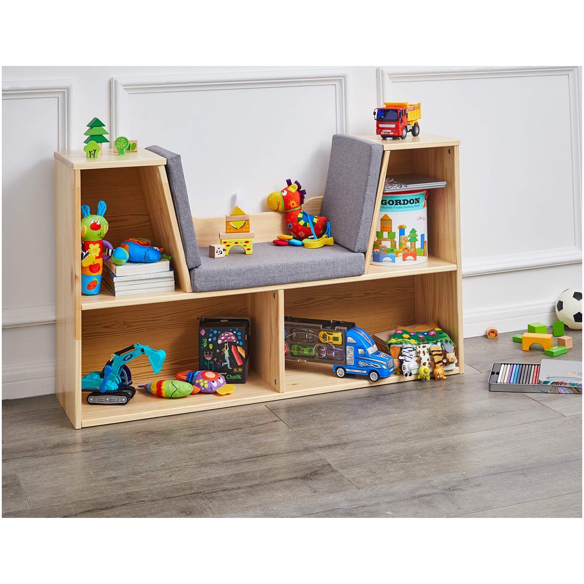 AmazonBasics Kids Bookcase with Reading Nook and Storage Shelves, Natural