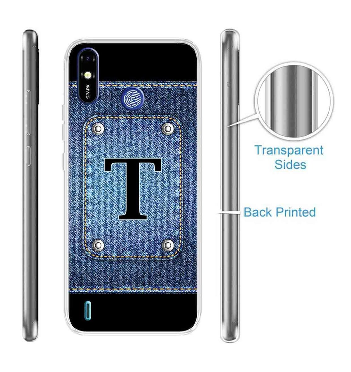 Amazon Brand - Solimo Designer Multicolor Button Jeans Alphabet-T Printed Soft Back Case Mobile Cover for Tecno Spark Go Plus