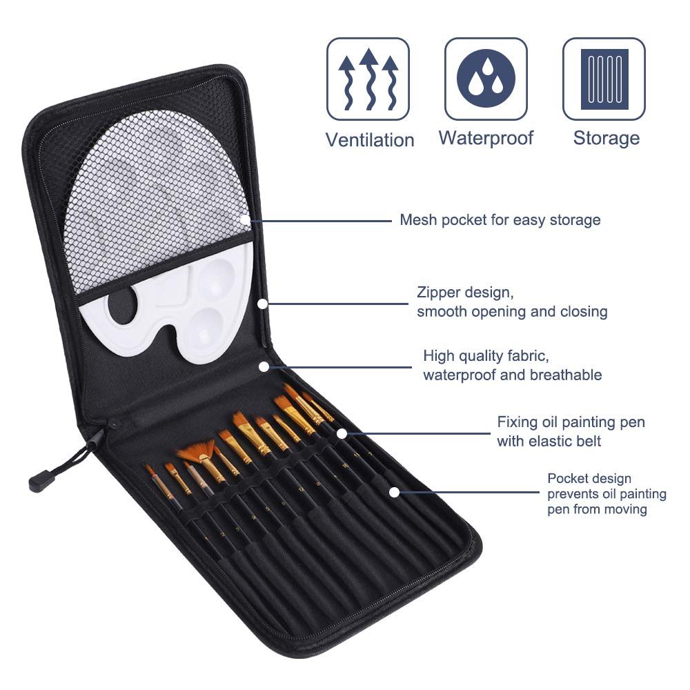 Eono by Amazon - 12 artist brushes, 1 mixing palette, comes with a type brush storage bag, suitable for beginners, children, artists and painters.