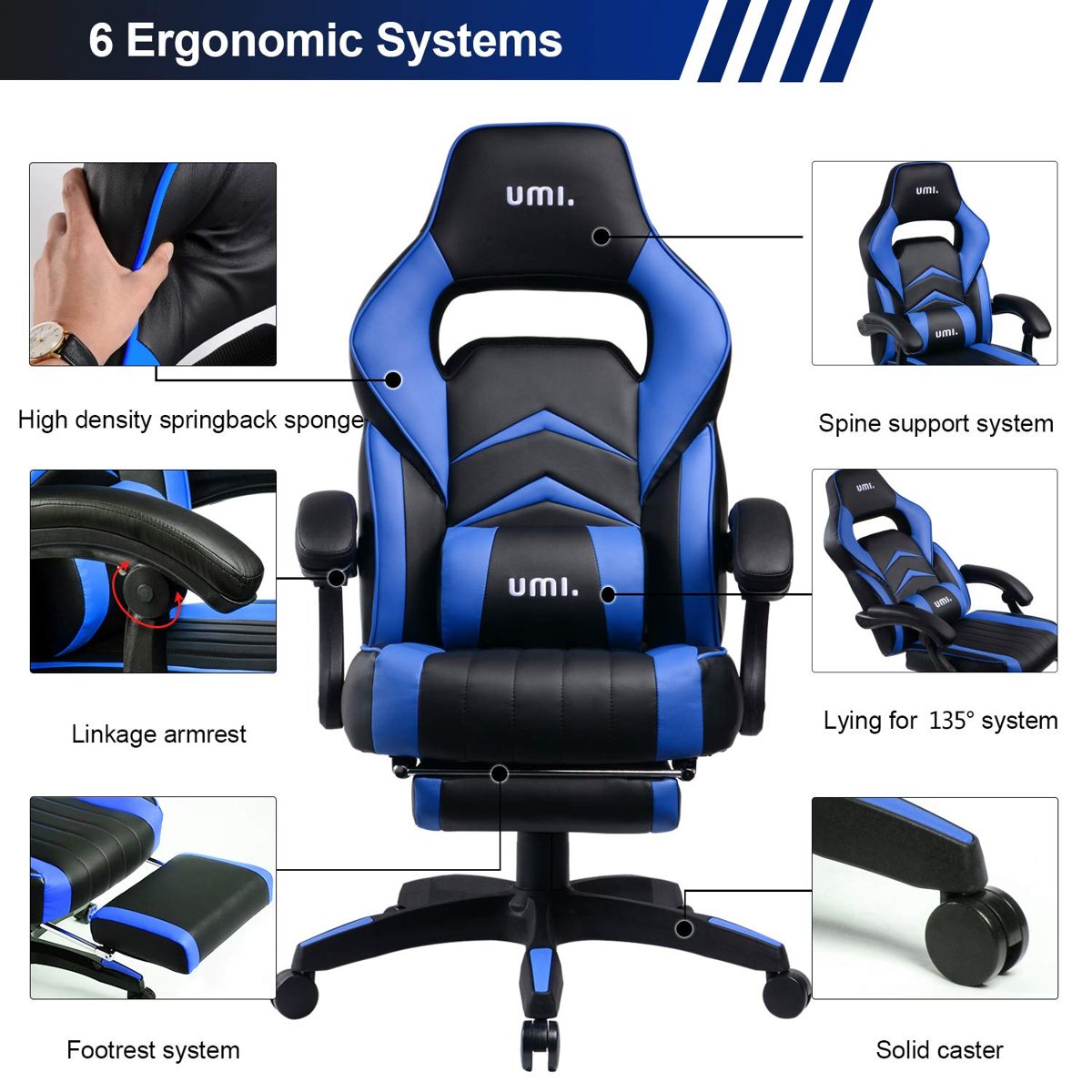 UMI Gaming Chair Office Chair with Footrests Gamer Swivel Chair Height-Adjustable Gaming Chair PC Chair Ergonomic Executive Chair with Armrests