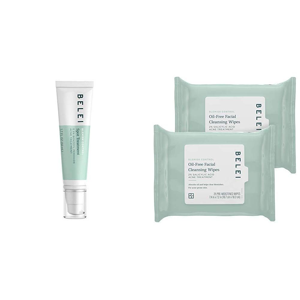 Belei Blemish Control Spot Treatment, 5.5% Benzoyl Peroxide Acne Treatment & Blemish Control Oil-Free Facial Cleansing Wipes, 2% Salicylic Acid Acne Treatment, Dermatologist Tested, 25 Count