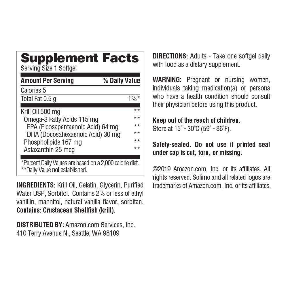 Amazon Brand - Solimo Krill Oil 500mg (115mg Omega 3 Fatty Acids), 45 Softgels, 45-Day Supply