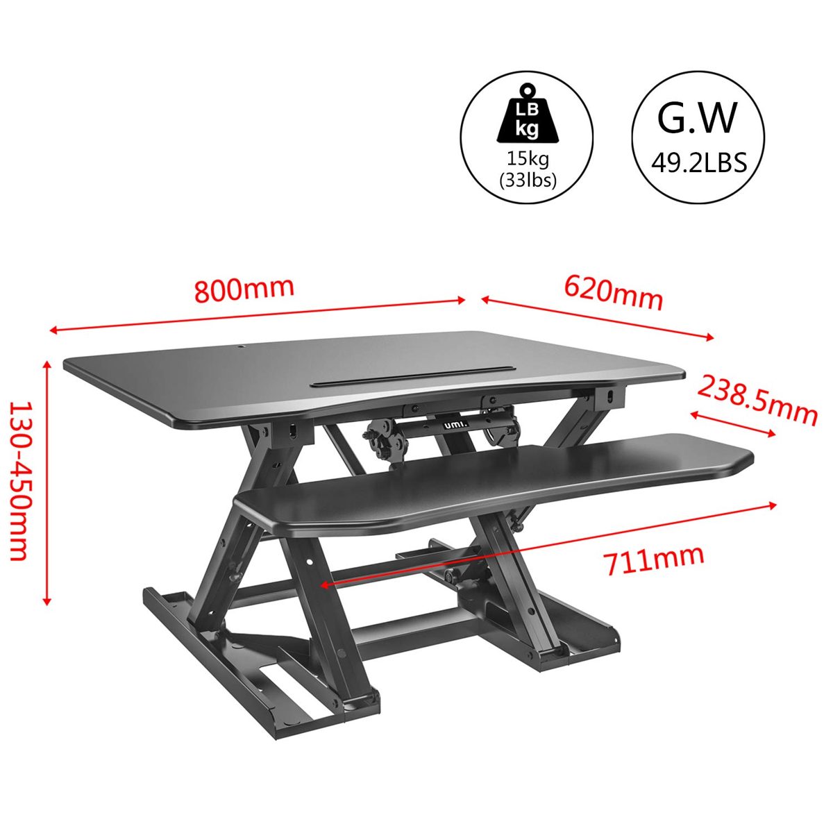 Umi. by Amazon - Gas Spring Handle Sit Stand Desk PC Workstation Height Adjustable Table for Home and Office Use