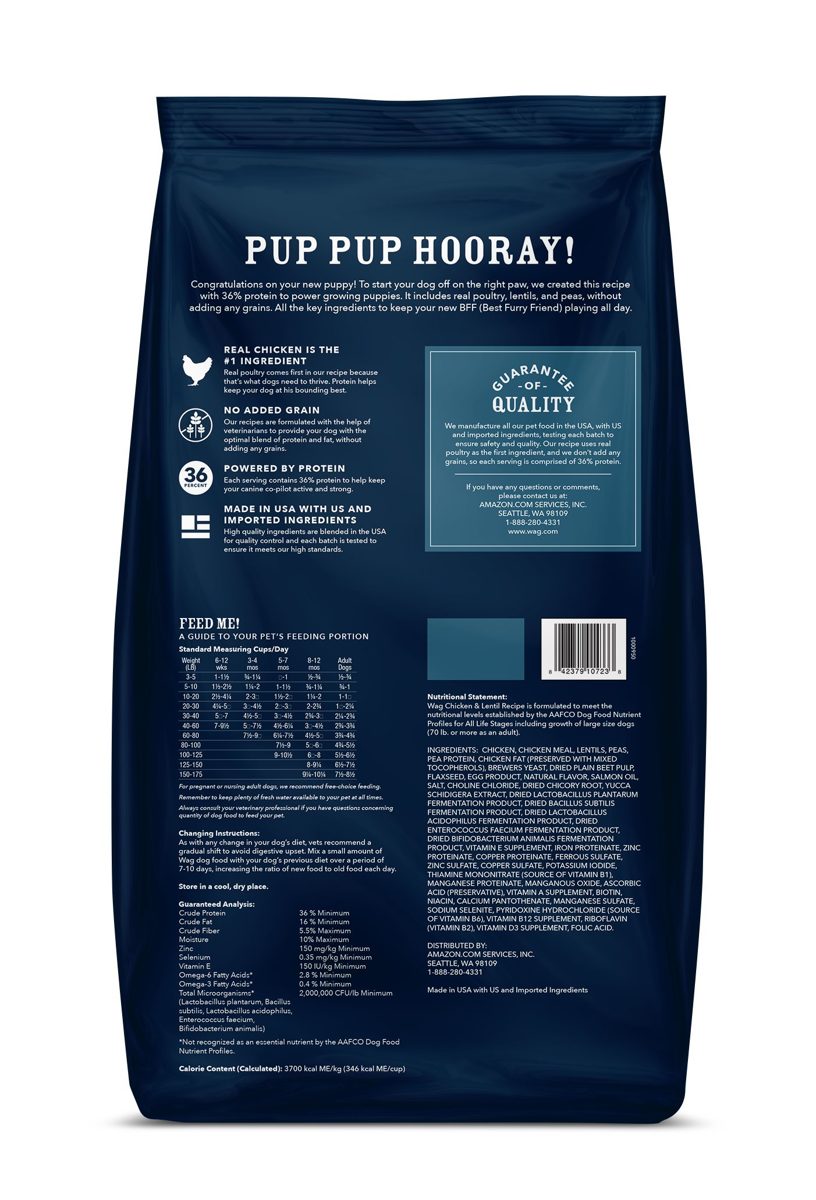 Amazon Brand - Wag Dry Dog Food for Puppies, Chicken & Lentil Recipe (15 lb. Bag)