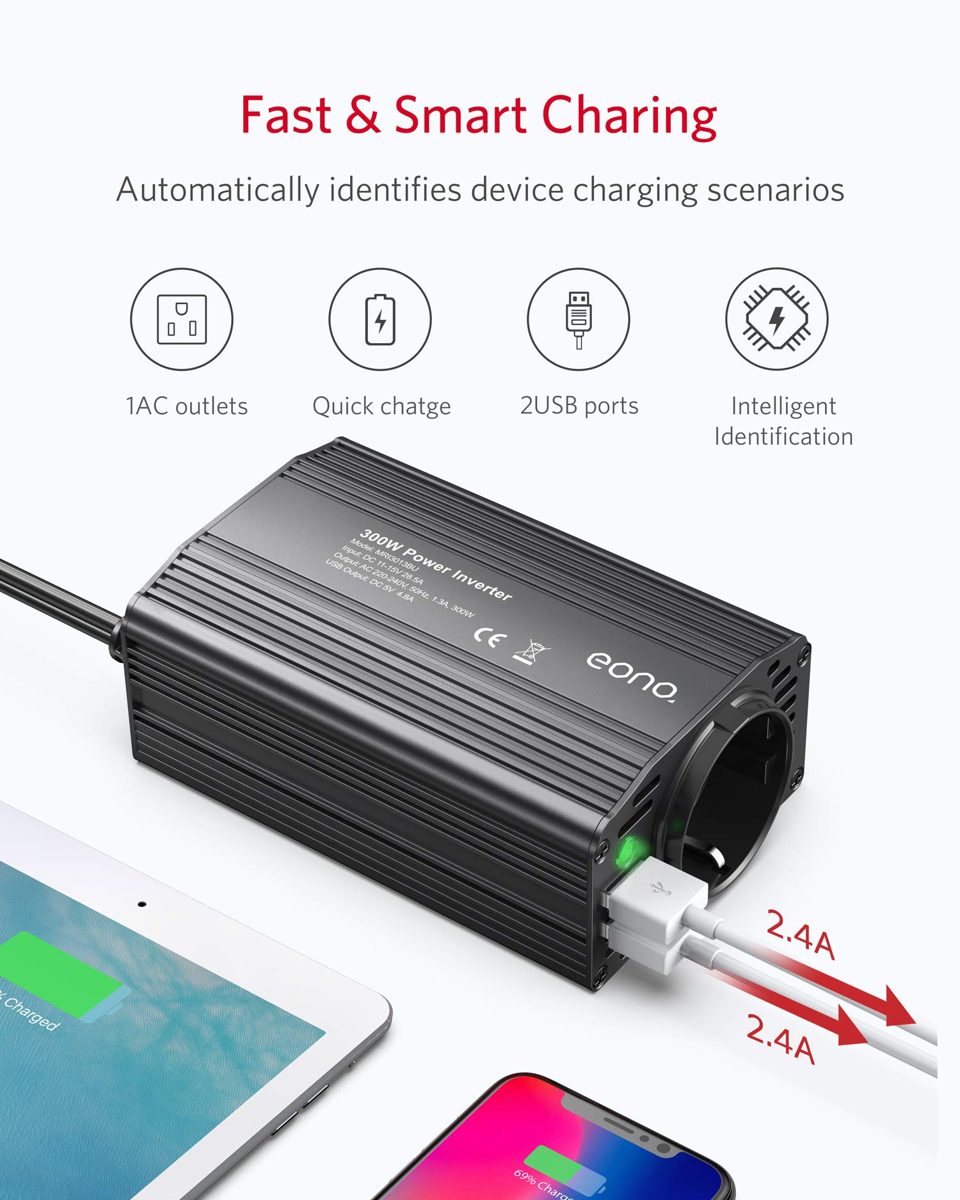 Eono Essentials Voltage Converter 12 V 230 V / Modified Wave Power Inverter 300 W / Eono Inverter with 2 USB Ports and Car Cigarette Lighter Plug