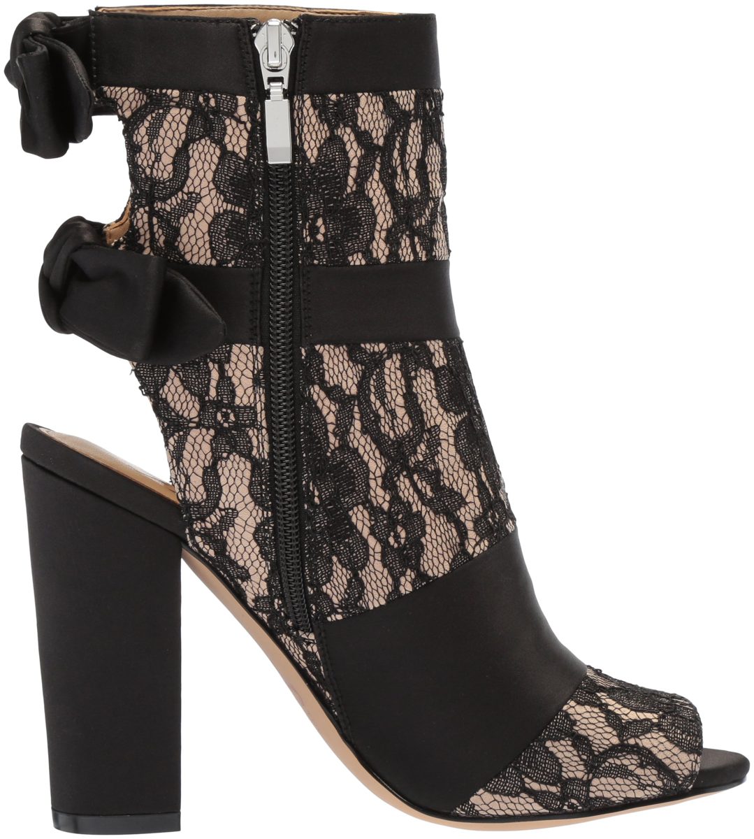 The Fix Amazon Brand Women's Phoebe Open Toe Block Heel Bootie with Bow Detail Ankle Boot, Black/Nude Lace, 11 B US