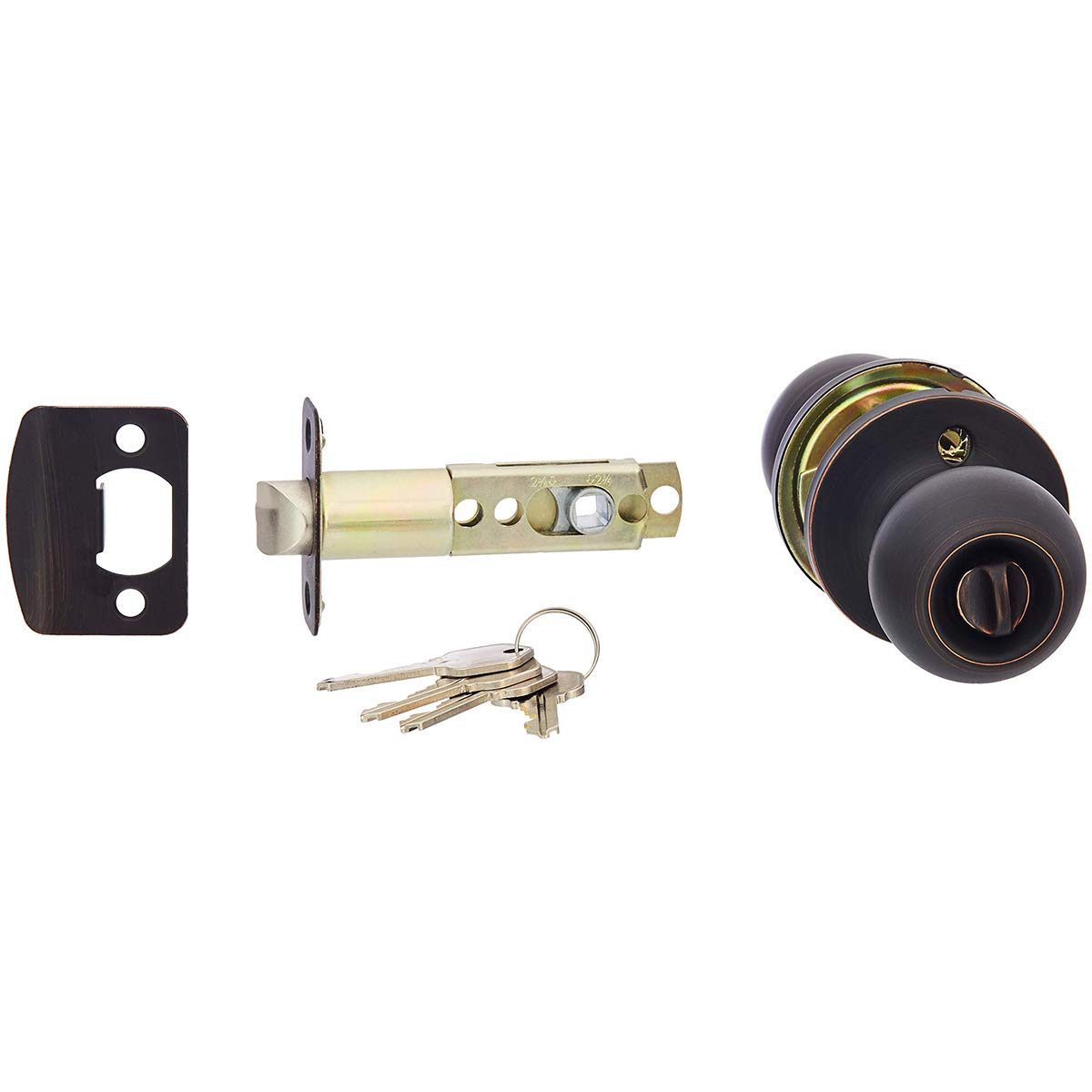 AmazonBasics Exterior Door Knob With Lock and Deadbolt, Standard Ball, Oil Rubbed Bronze