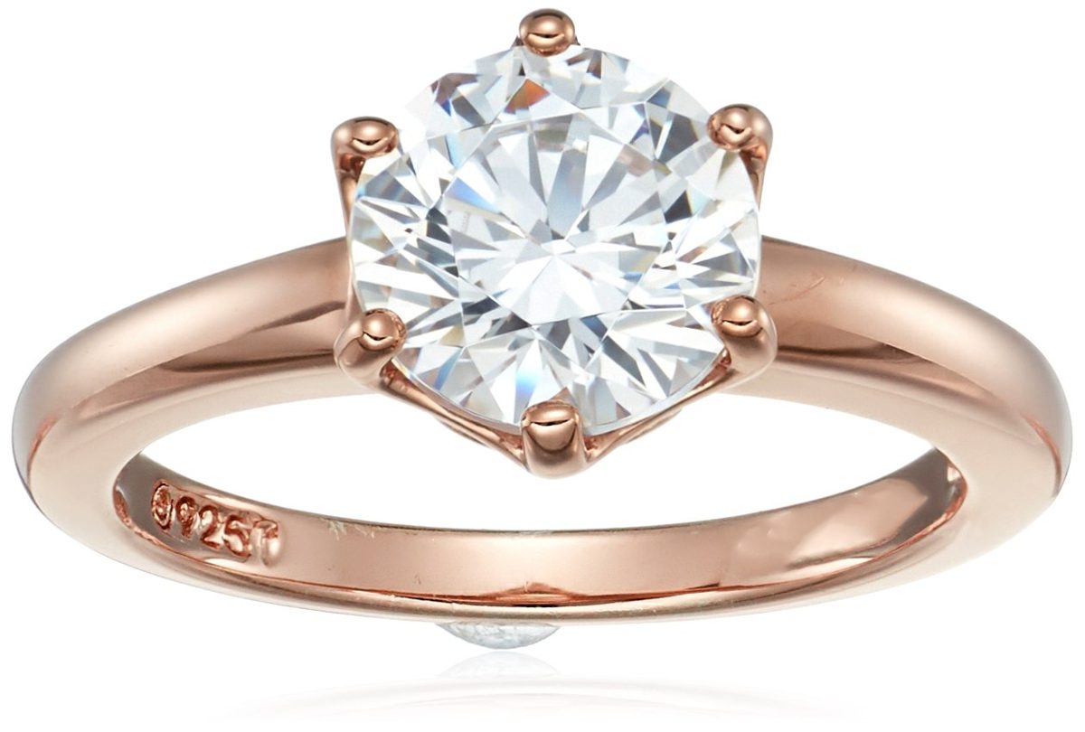 Rose Gold-Plated Sterling Silver Swarovski Zirconia Round Solitaire Ring, Size 6