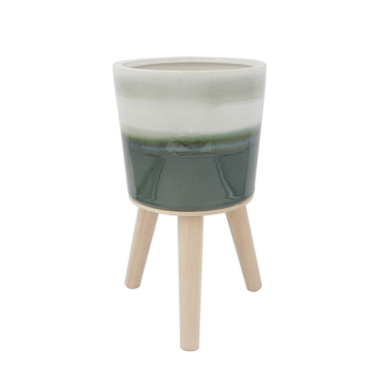 Amazon Brand – Rivet Mid-Century Stoneware Planter with Wood Stand, 12.99"H, Green Ombre