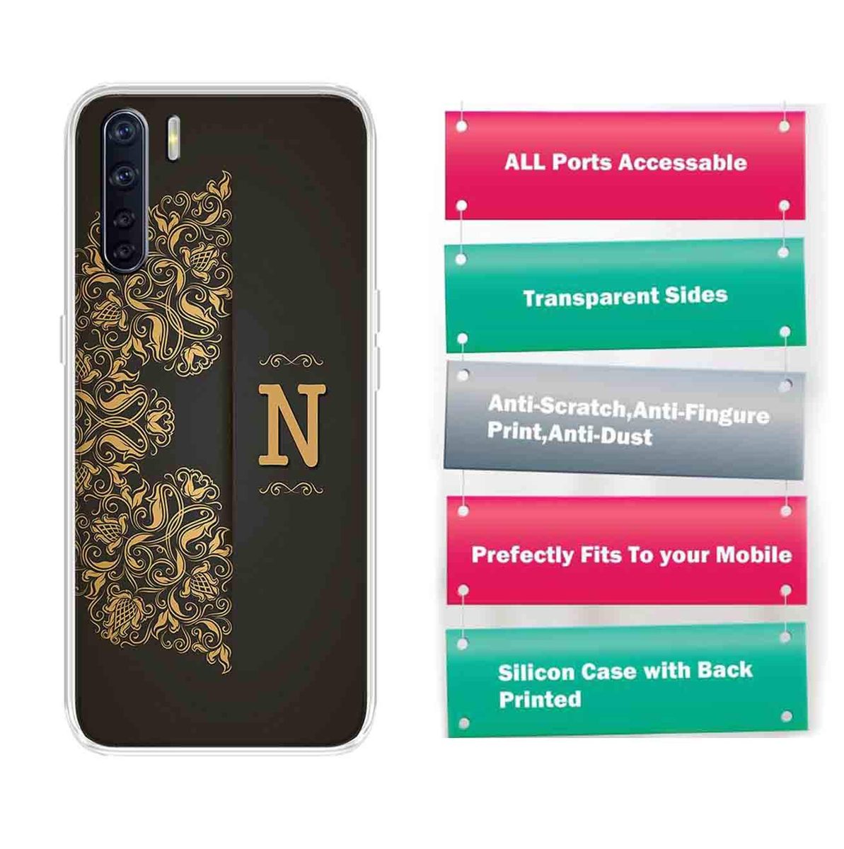 Amazon Brand - Solimo Designer Multicolor Black Pattern Alphabet-N Printed Soft Back Case Mobile Cover for Oppo F15