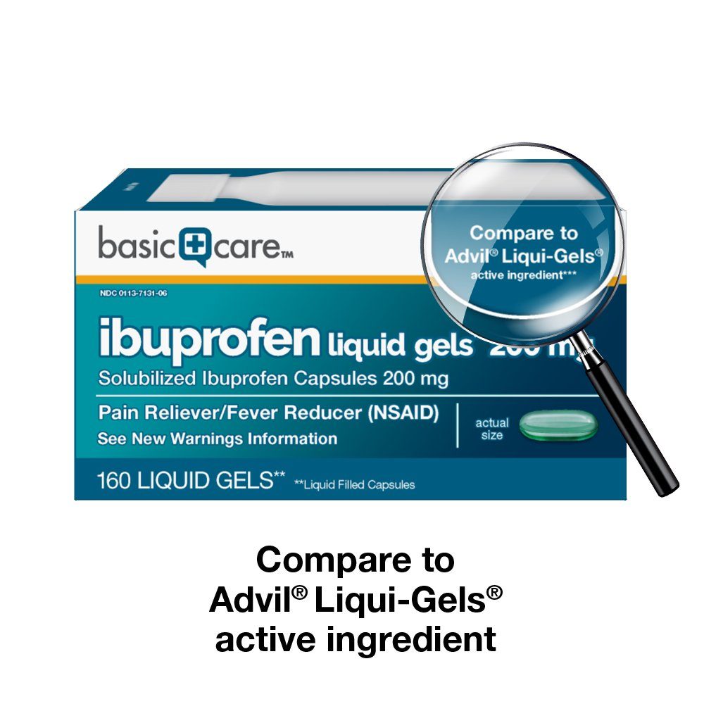 Basic Care Ibuprofen Liquid Gels 200 mg, Pain Reliever/Fever Reducer (Liquid Filled Capsules), 160 Count