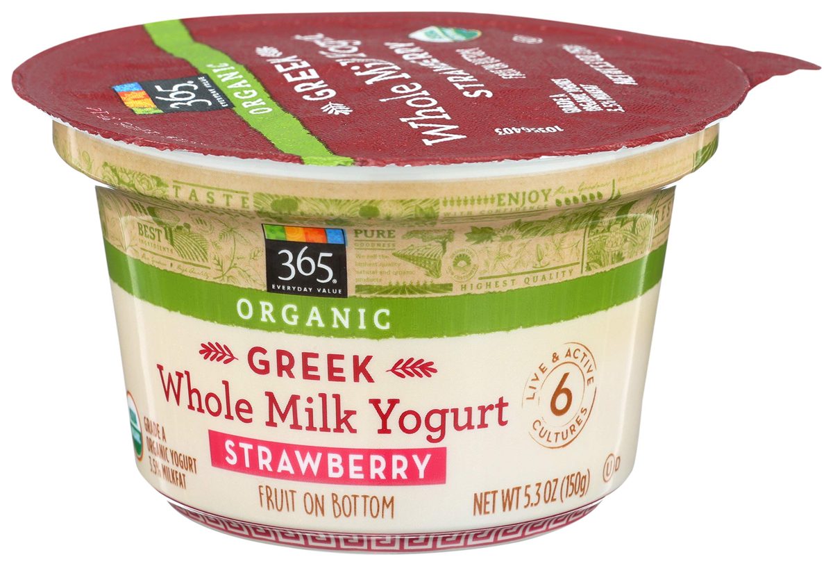 365 Everyday Value, Organic Greek Whole Milk Yogurt with Fruit on the Bottom, Strawberry, 5.3 oz