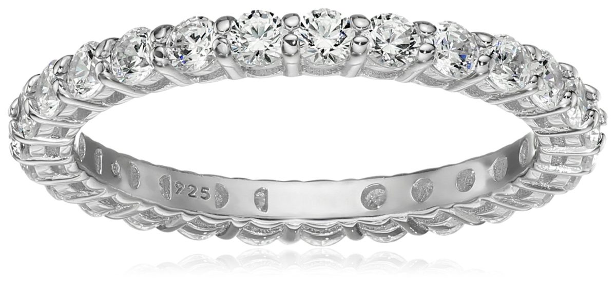Platinum or Gold Plated Sterling Silver All-Around Band Ring set with Round Swarovski Zirconia
