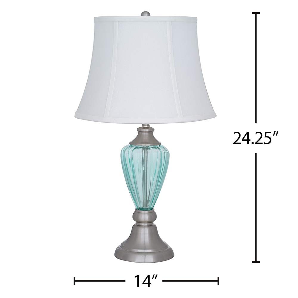 Amazon Brand – Ravenna Home Curved Glass Living Room Table Lamp with LED Light Bulb - 24.25 Inches, Brushed Nickel With Blue Glass