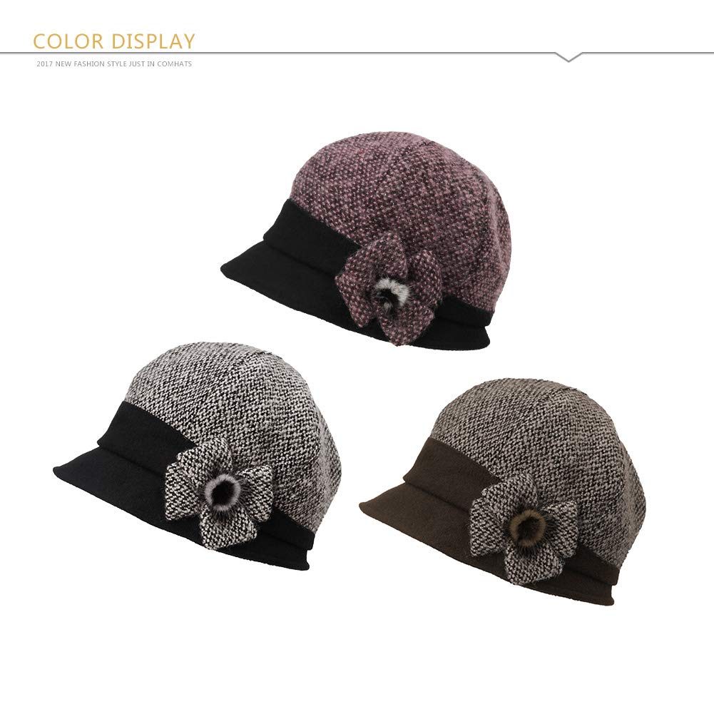 Jeff & Aimy Omens Winter Bucket Gatsby Derby Hat 1922s Fedora Round Cloche Bowler Beret Fall Bow Tea Party Purplr