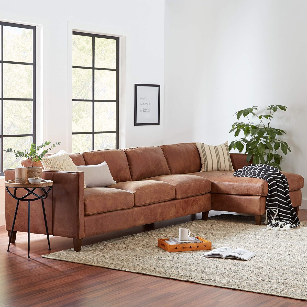 Amazon Brand – Stone & Beam Andover Right-Facing Sofa-Chaise Sectional, 126"W, Saddle-Colored Leather