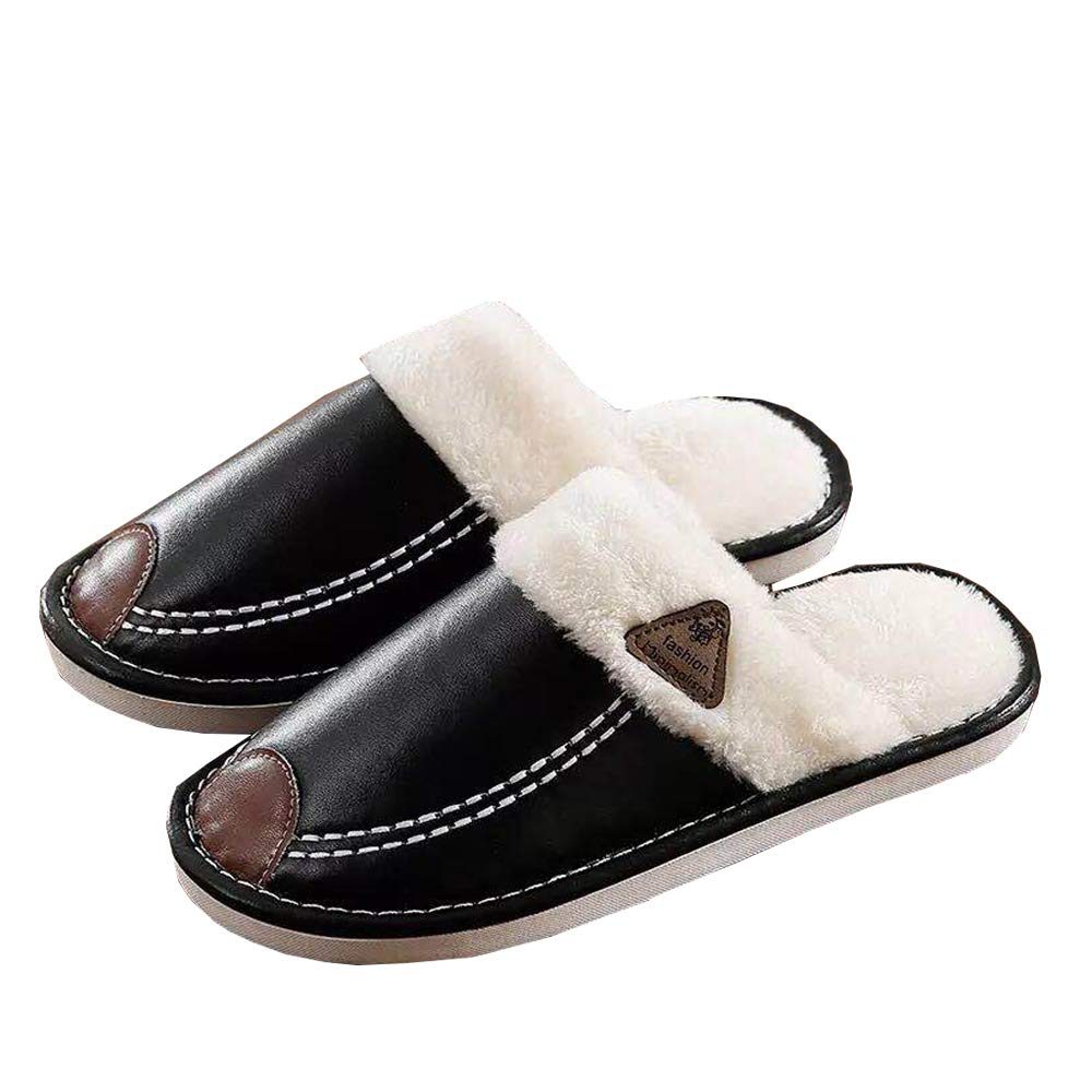 ZKHOECR Leather Slippers for Women Indoor Outdoor,Femal Cozy Cotton Lightweight Warm Shoes Winter Anti-Skid Rubber Sole Nonslip Fuzzy Washable Shoes for Adults Black Brown Size 9.5-10/Men 8-8.5