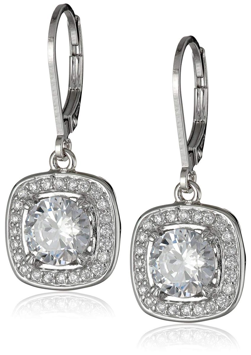 Sterling Silver Cubic Zirconia Round-Cut Halo Drop Leverback Earrings (3 cttw)