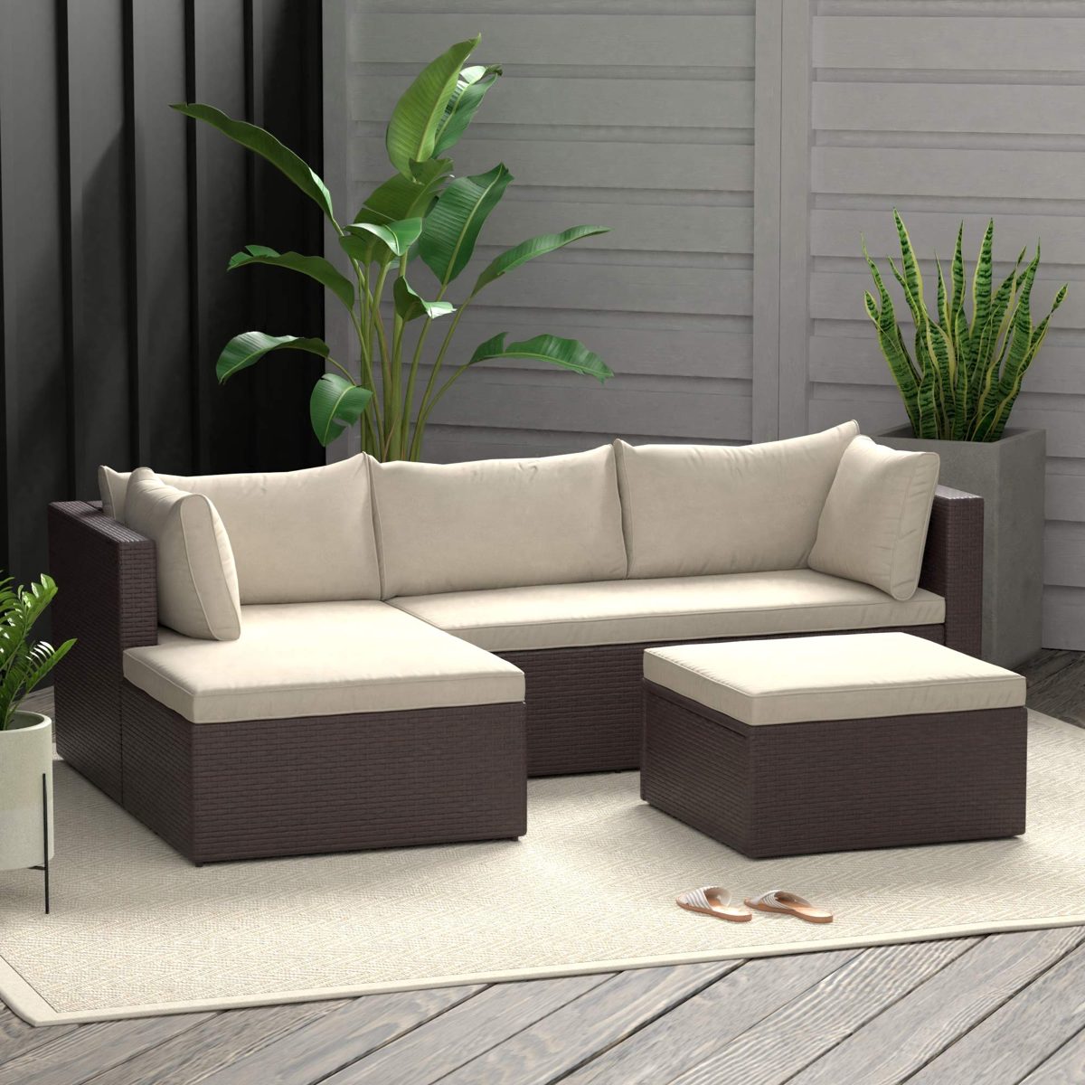 AmazonBasics Outdoor Patio Garden 3-pc Wicker Rattan Sectional Sofa Lounge Set with Cushions and Ottoman (Brown)