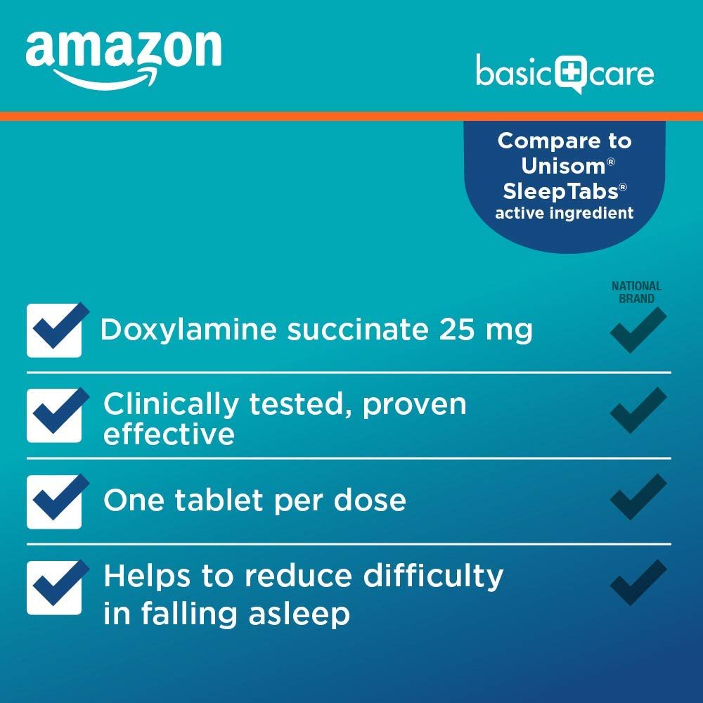 Amazon Basic Care Sleep Aid Tablets, Doxylamine Succinate Tablets, 25 mg, Nighttime Sleep Aid to Help You Fall Asleep, 96 Count