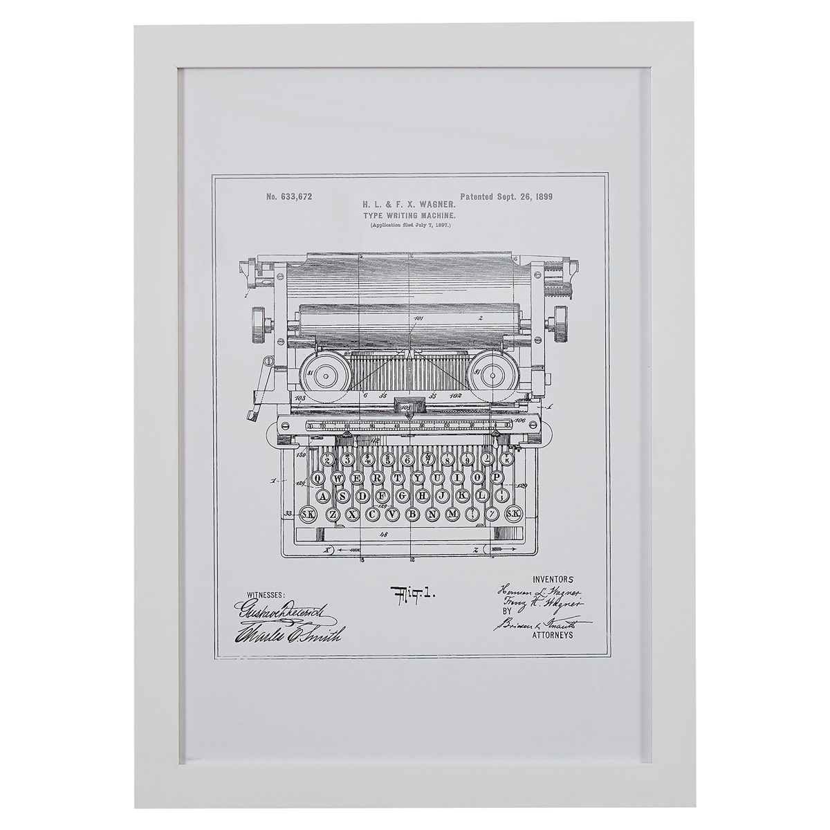 Black on White Blueprint of 1899 Typewriter, White Frame, 15" x 21"