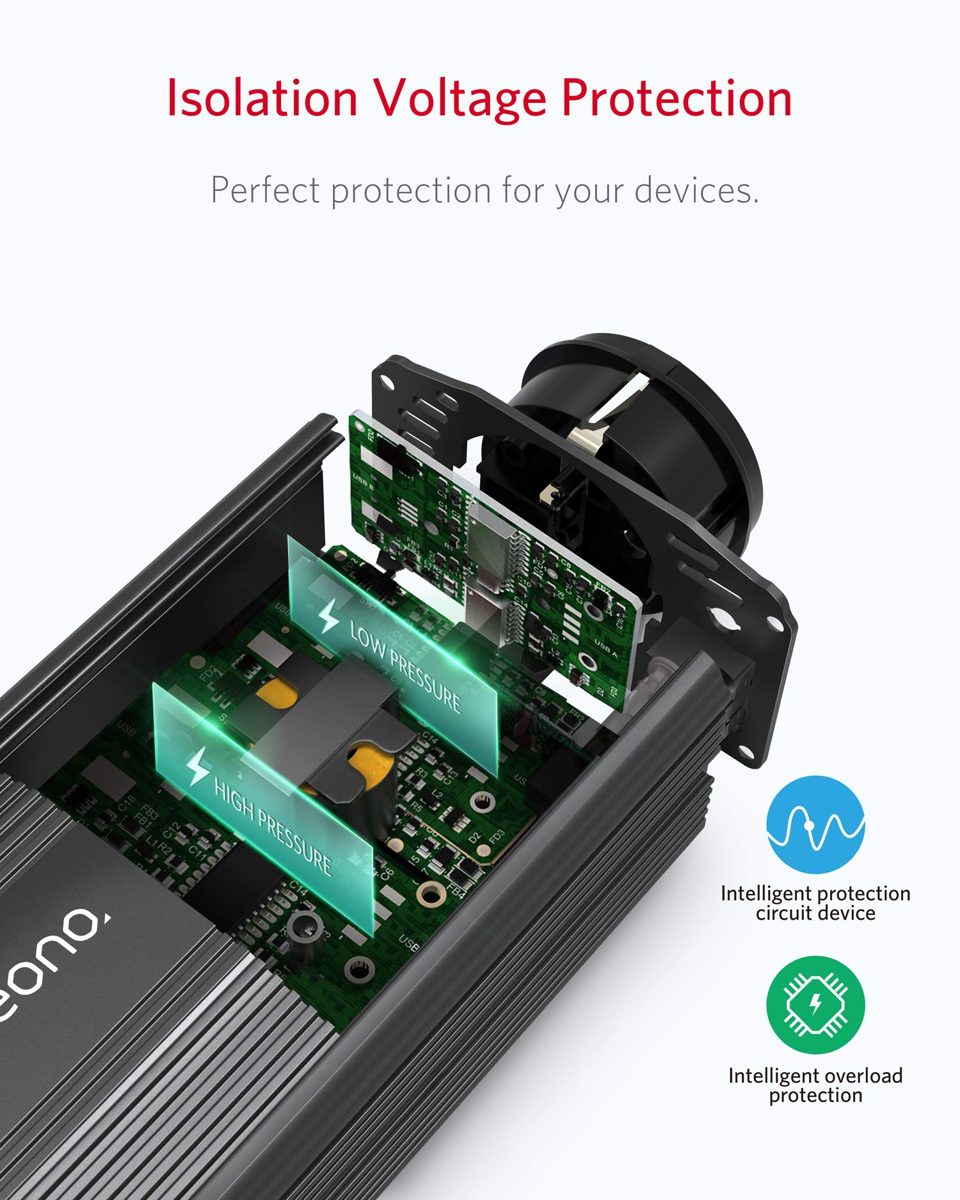 Eono Essentials Voltage Converter 12 V 230 V / Modified Wave Power Inverter 300 W / Eono Inverter with 2 USB Ports and Car Cigarette Lighter Plug