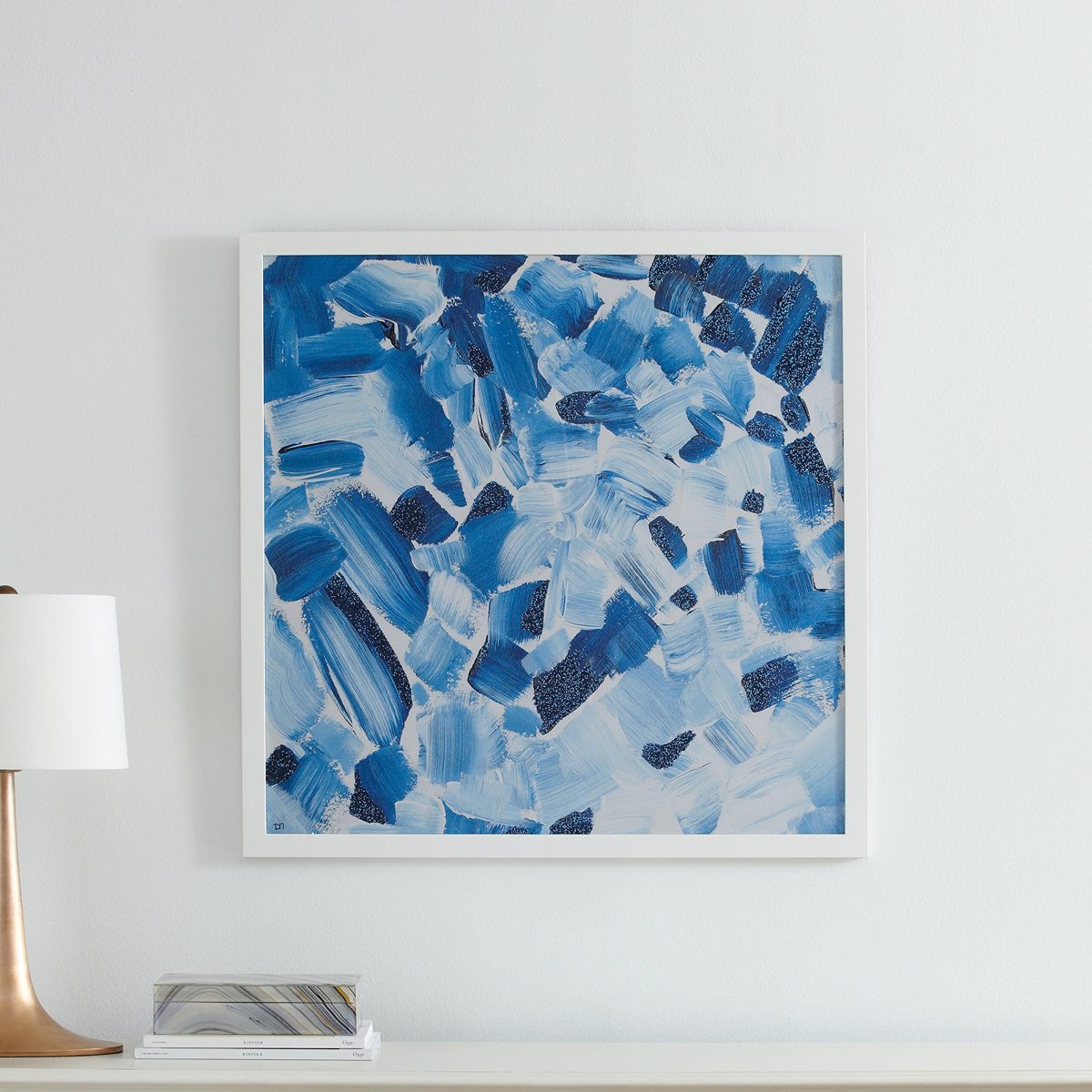 Amazon Brand – Stone & Beam Abstract Hues of Blue, White Wood Frame, 32" x 32"