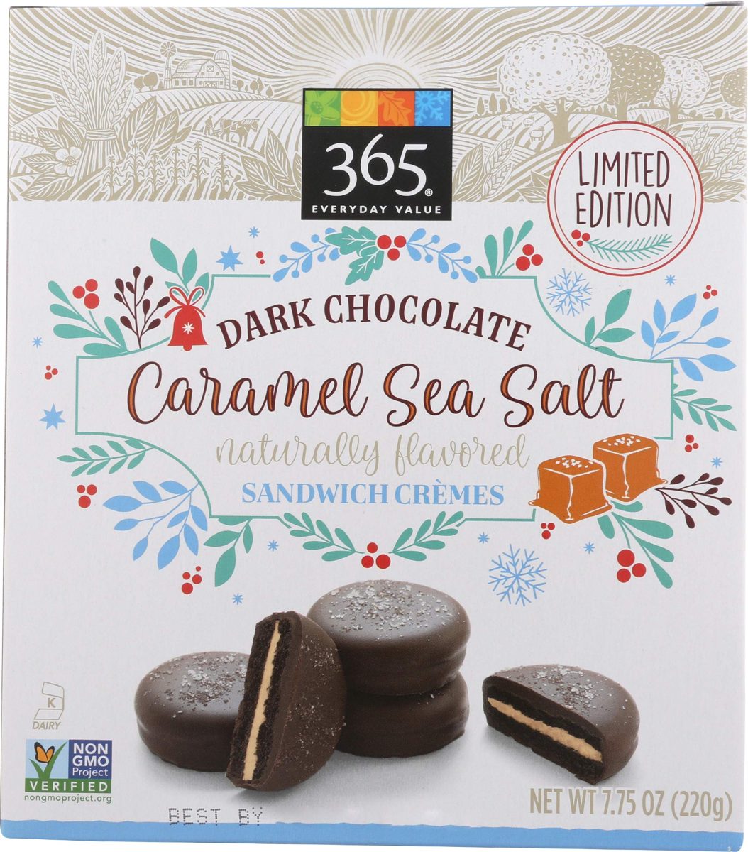 365 by Whole Foods Market, Limited Edition Sandwich Cremes Cookies, Dark Chocolate Caramel Seal Salt, 7.75 Ounce