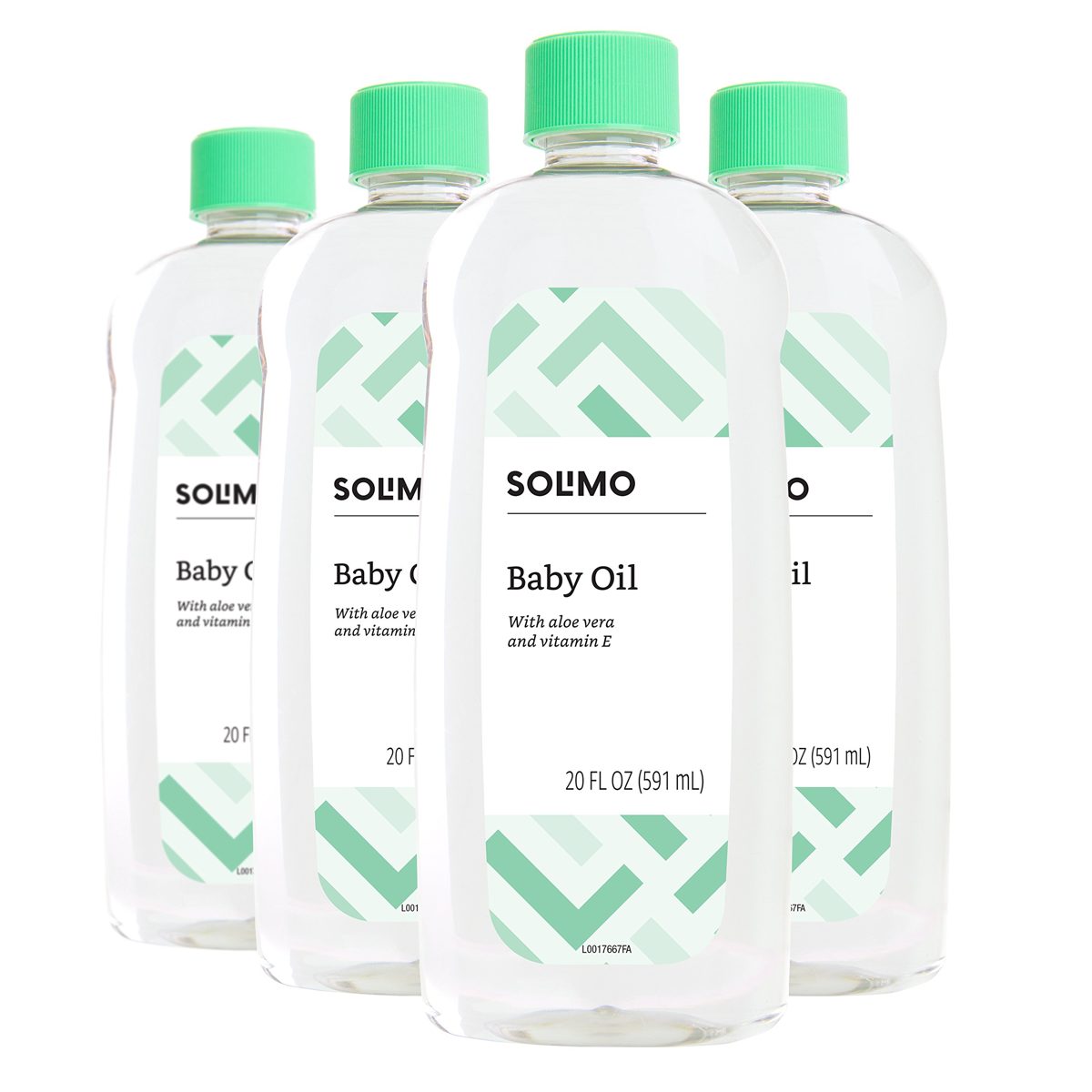 Amazon Brand - Solimo Baby Oil, Mild & Gentle, Dermatologist Tested, 14 Fluid Ounces (Pack of 4) & Solimo Baby Oil with Aloe Vera & Vitamin E, 20 Fluid Ounces (Pack of 4)