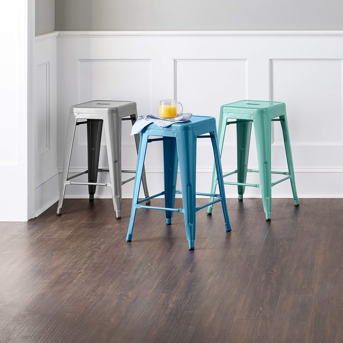 Amazon Brand – Ravenna Home Decorah Stackable Metal Kitchen Counter Bar Stools, 24"H, Blue, Set of 4