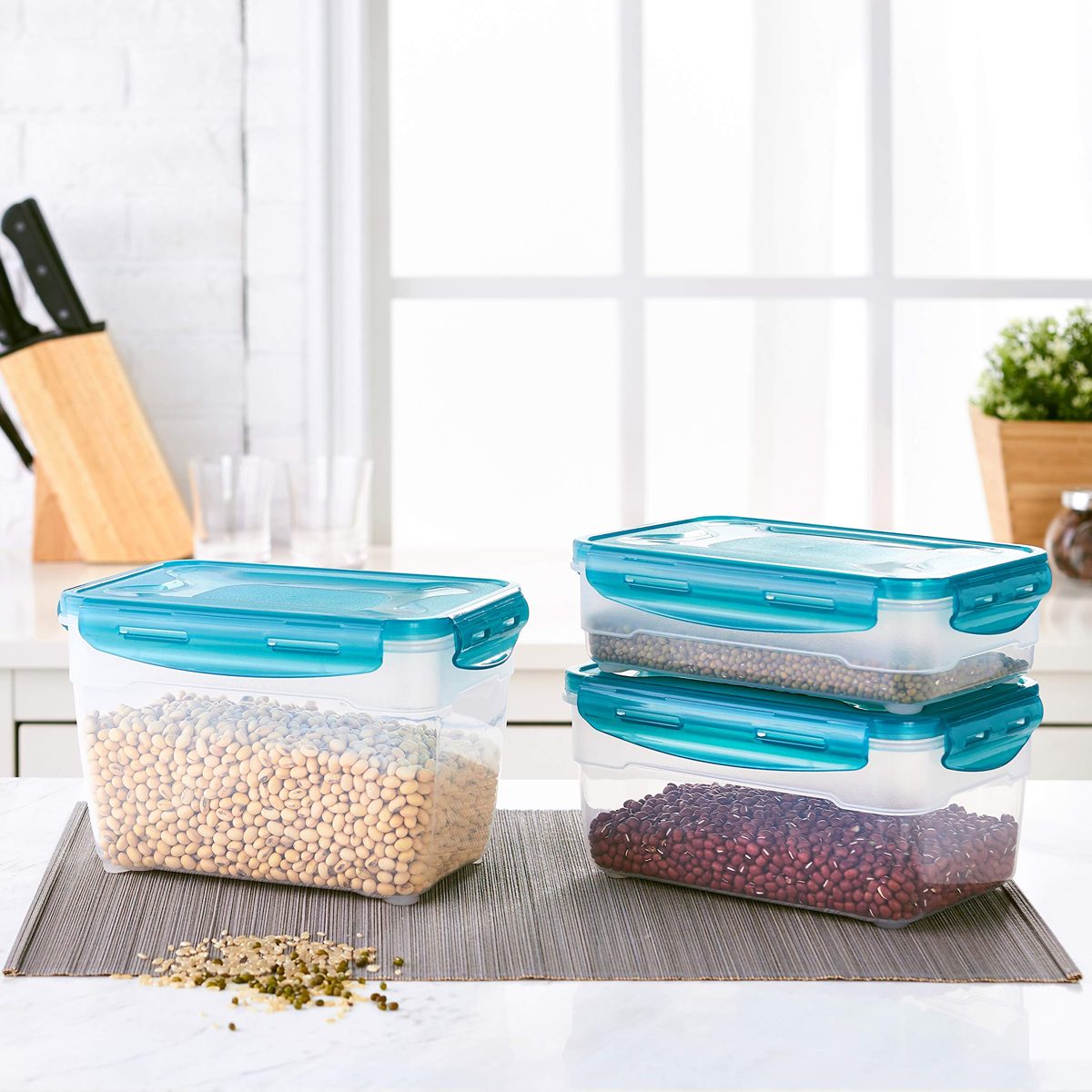 Amazon Brand - Solimo Plastic Food Storage Container Set, (3 pieces, 1.2L, 2.3L, 3.3L)