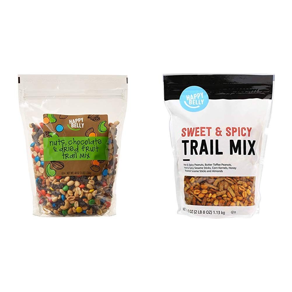 Amazon Brand - Happy Belly Nuts, Chocolate & Dried Fruit Trail Mix, 48 oz & Happy Belly Sweet & Spicy Trail Mix, 40 Ounce