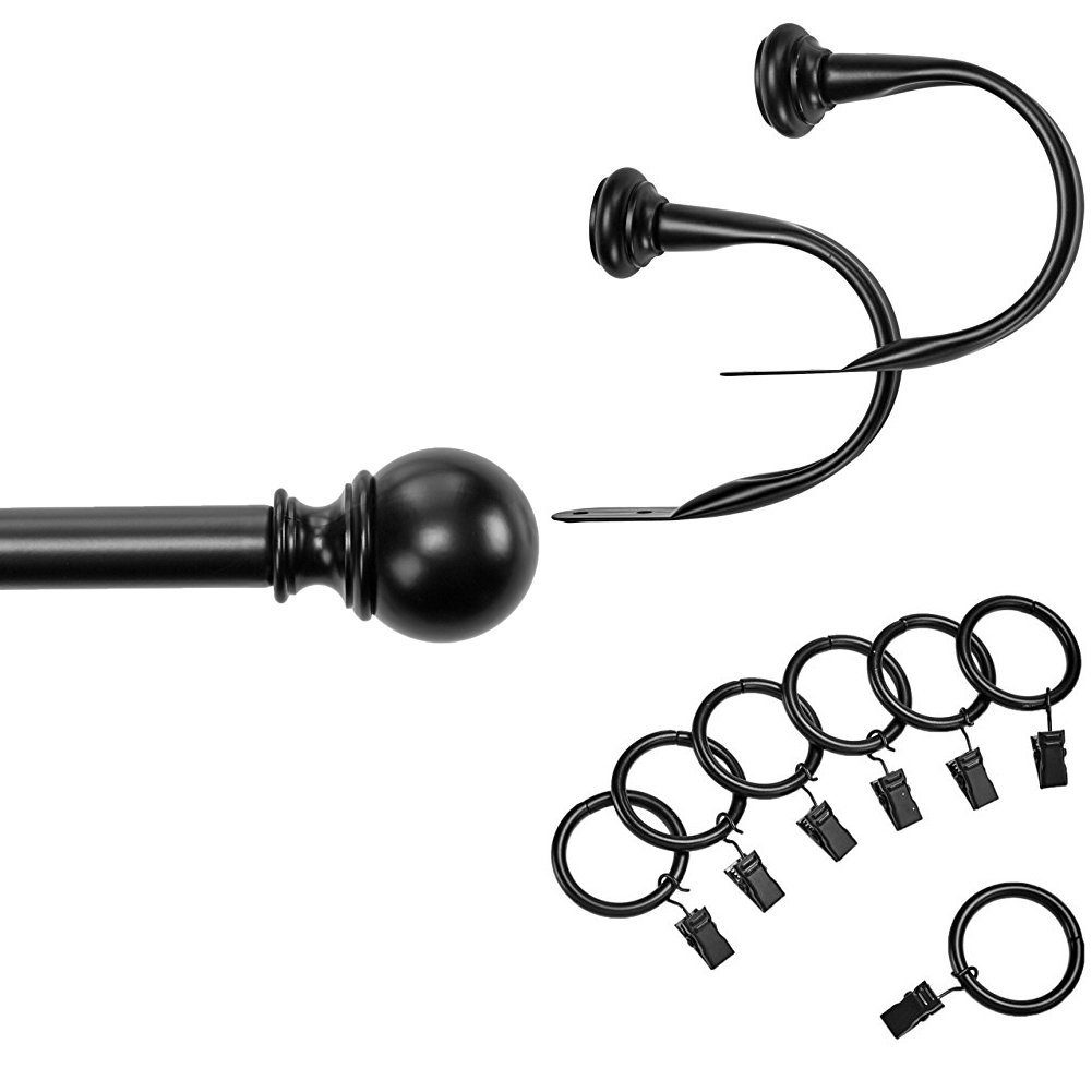 AmazonBasics 1" Curtain Rod with Round Finials, 72" to 144", Curtain Clip Ring (Set of 7), and Curtain Holdbacks (Set of 2), Black