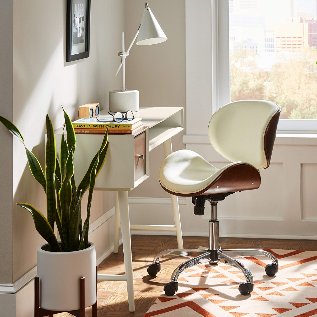 Rivet Langston Modern Wood and Leather Swivel Chair, 20.28" W, White