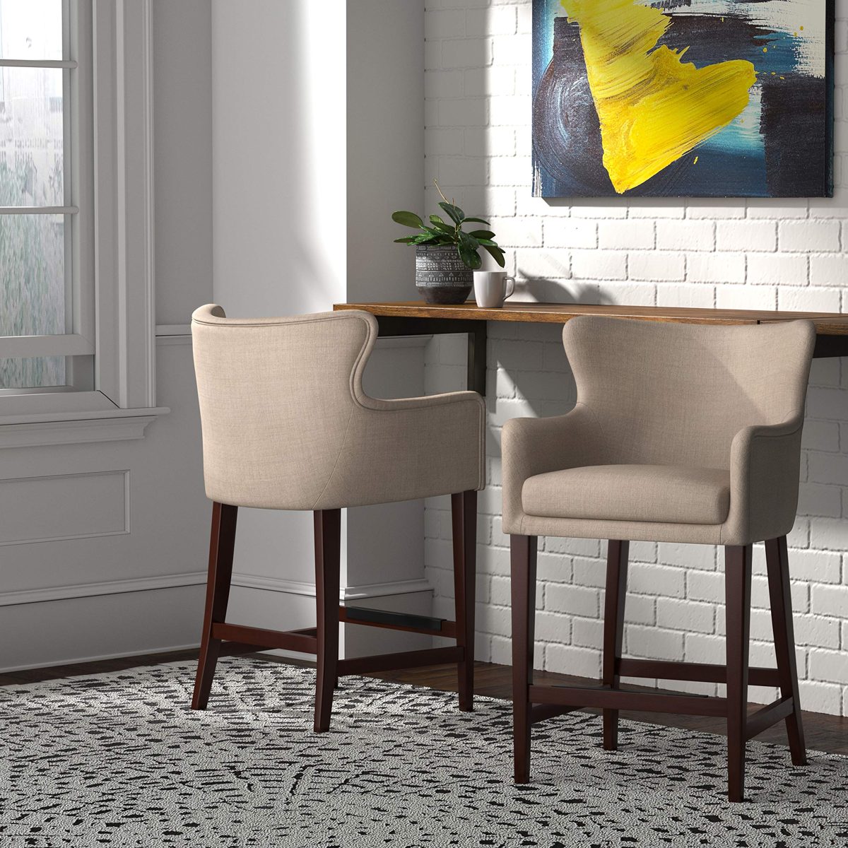 Amazon Brand – Stone & Beam Wickstrom Upholstered Counter-Height Bar Stool with Arms, 37"H, Fawn