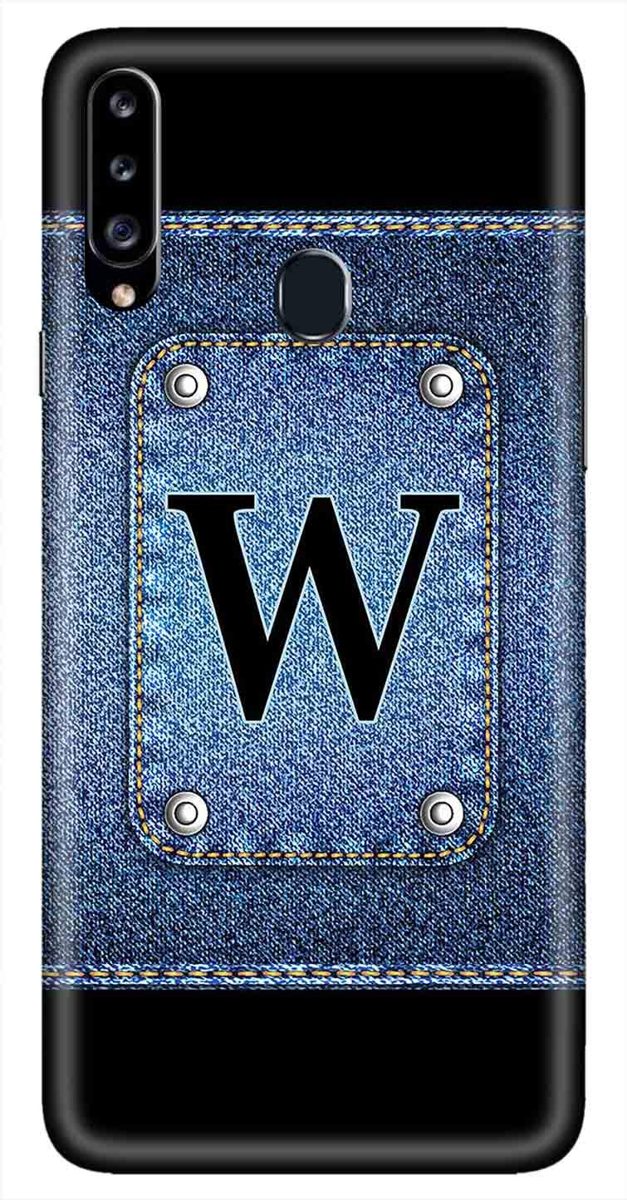 Amazon Brand - Solimo Designer Button Jeans Alphabet-W 3D Printed Hard Back Case Mobile Cover for Samsung Galaxy A20s