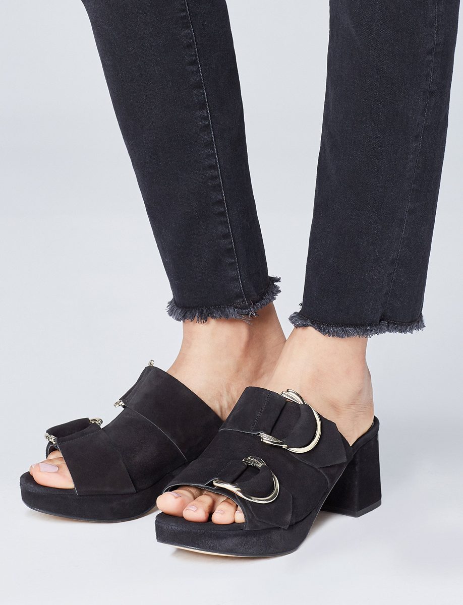 Amazon Brand - find. Women's Mules with Suede Double Buckle Detail, Black (Black), US 7.5