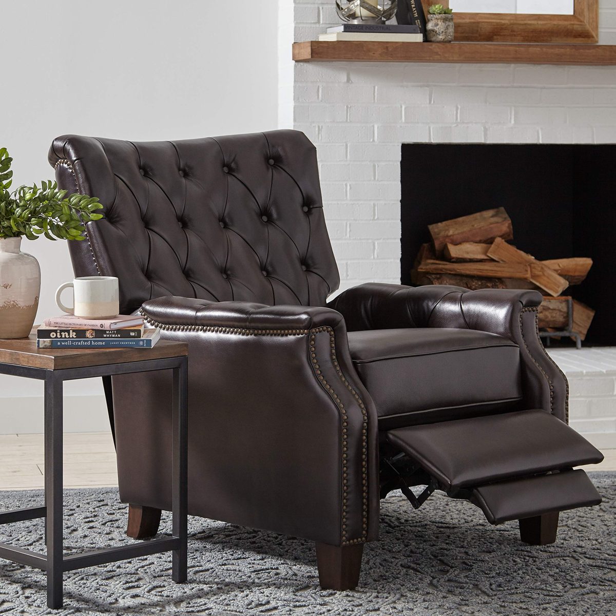 Amazon Brand – Stone & Beam Traditional Nailhead Button Tufted Leather Recliner Chair, 33.4"W, Brown Leather