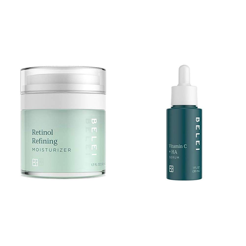 Belei Retinol Vitamin A Refining Moisturizer, Fragrance Free, Paraben Free, 1.7 Fluid Ounce (50 mL) & Vitamin C + Hyaluronic Acid Serum, Fragrance Free, Paraben Free, 1 Fluid Ounce (30 mL)