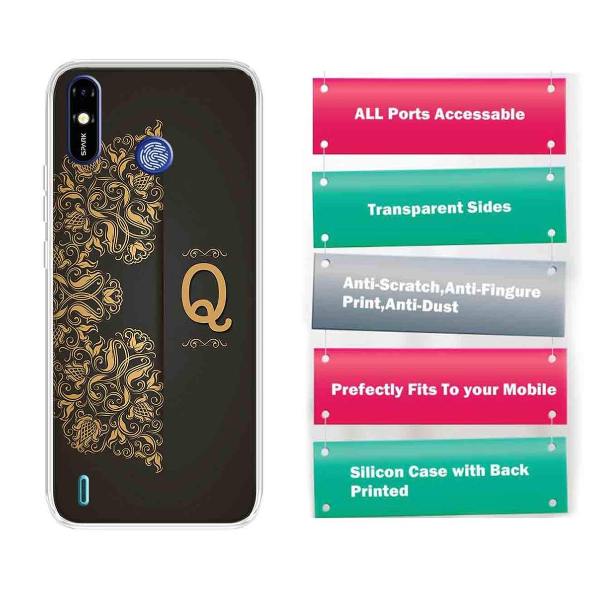 Amazon Brand - Solimo Designer Multicolor Black Pattern Alphabet-Q Printed Soft Back Case Mobile Cover for Tecno Spark Go Plus