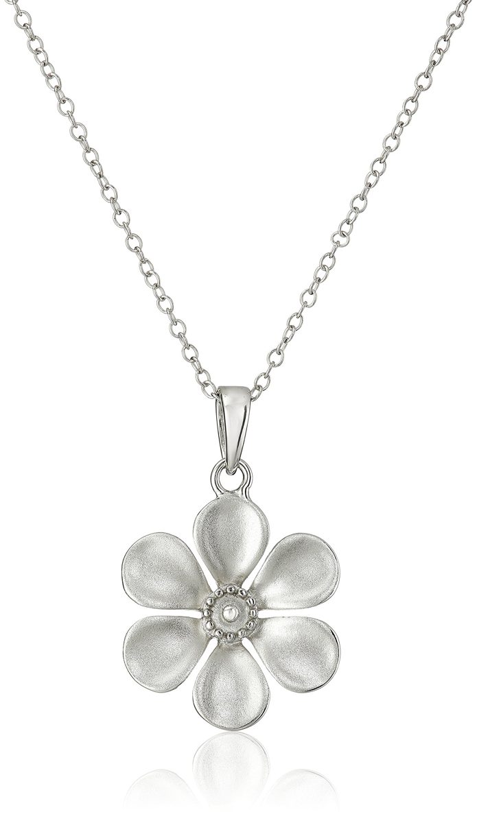 Rhodium Plated Sterling Silver Flat Flower Pendant Necklace, 18"