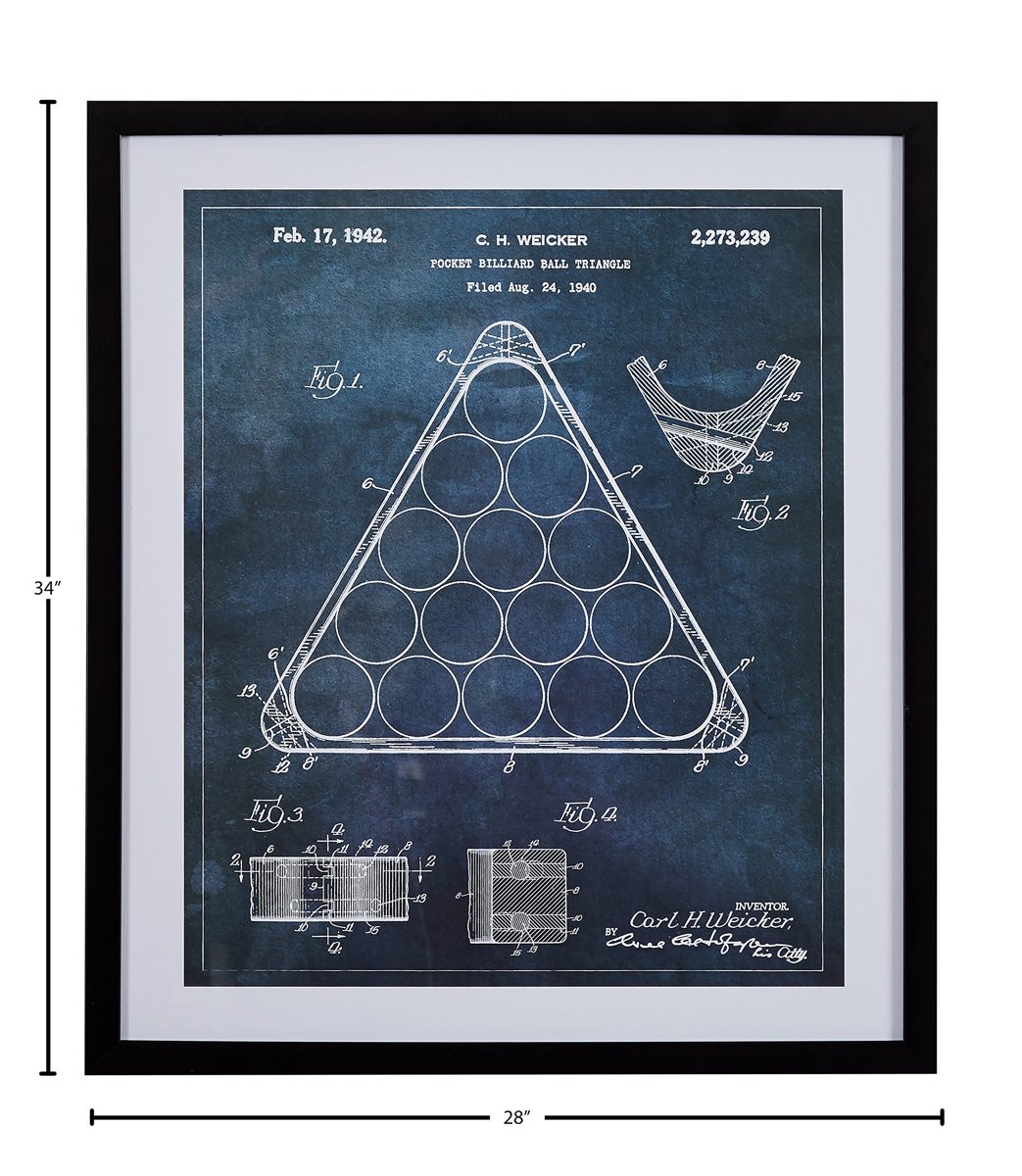 Amazon Brand – Stone & Beam Modern Dark Blue Print, Billiard Rack Patent Wall Art, in Black Frame, 28" x 34"